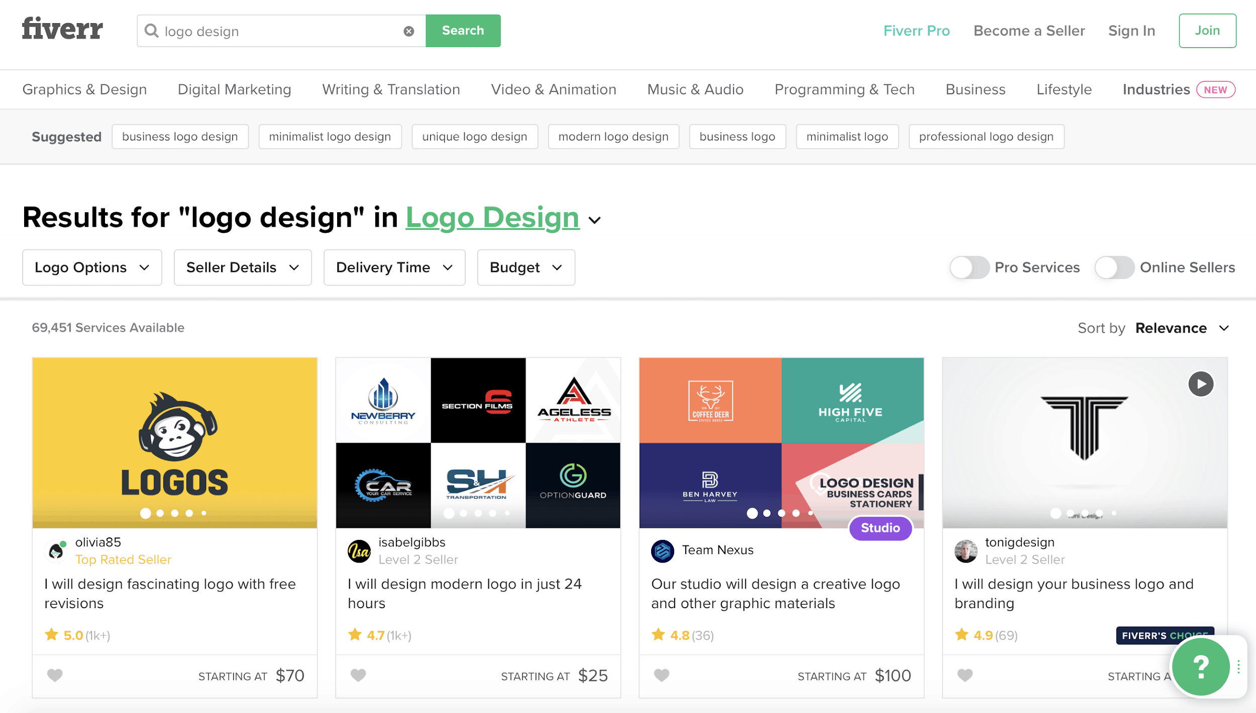 Captura de pantalla de Fiverr - Diseñadores de logotipos